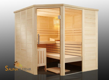 ALASKA Massivholz Saunakabine Mod. Eck 204x204 Fenster rechts 