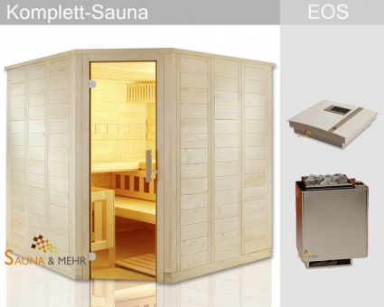 KOMPLETT Sauna WELL.FUN Eck 204 x 204 - EOS Technik-Set "Dampf" 
